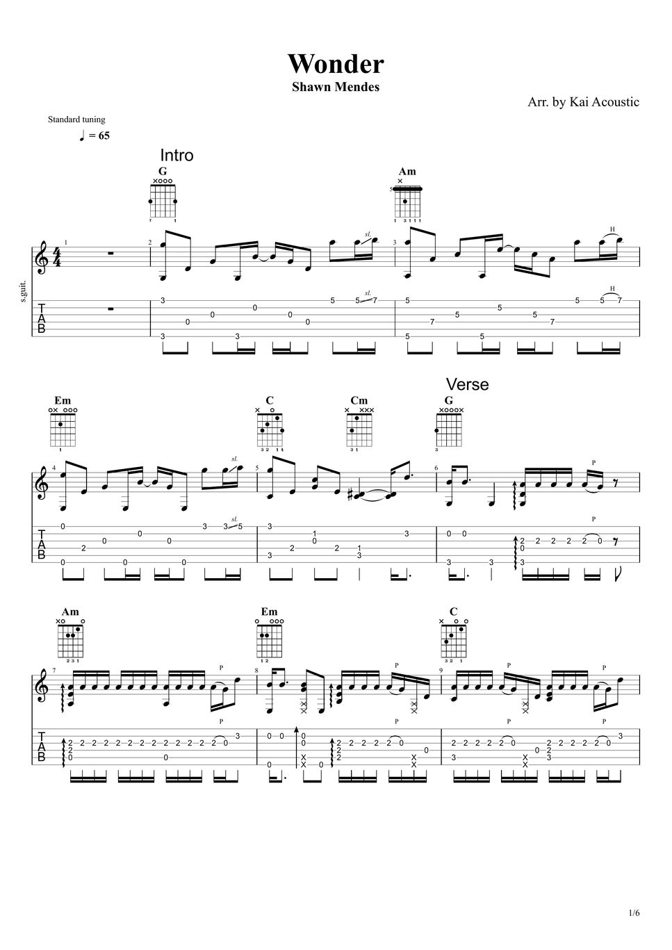 Shawn Mendes Wonder Fingerstyle Guitar Tutorial TAB TAB by Kai Acoustic