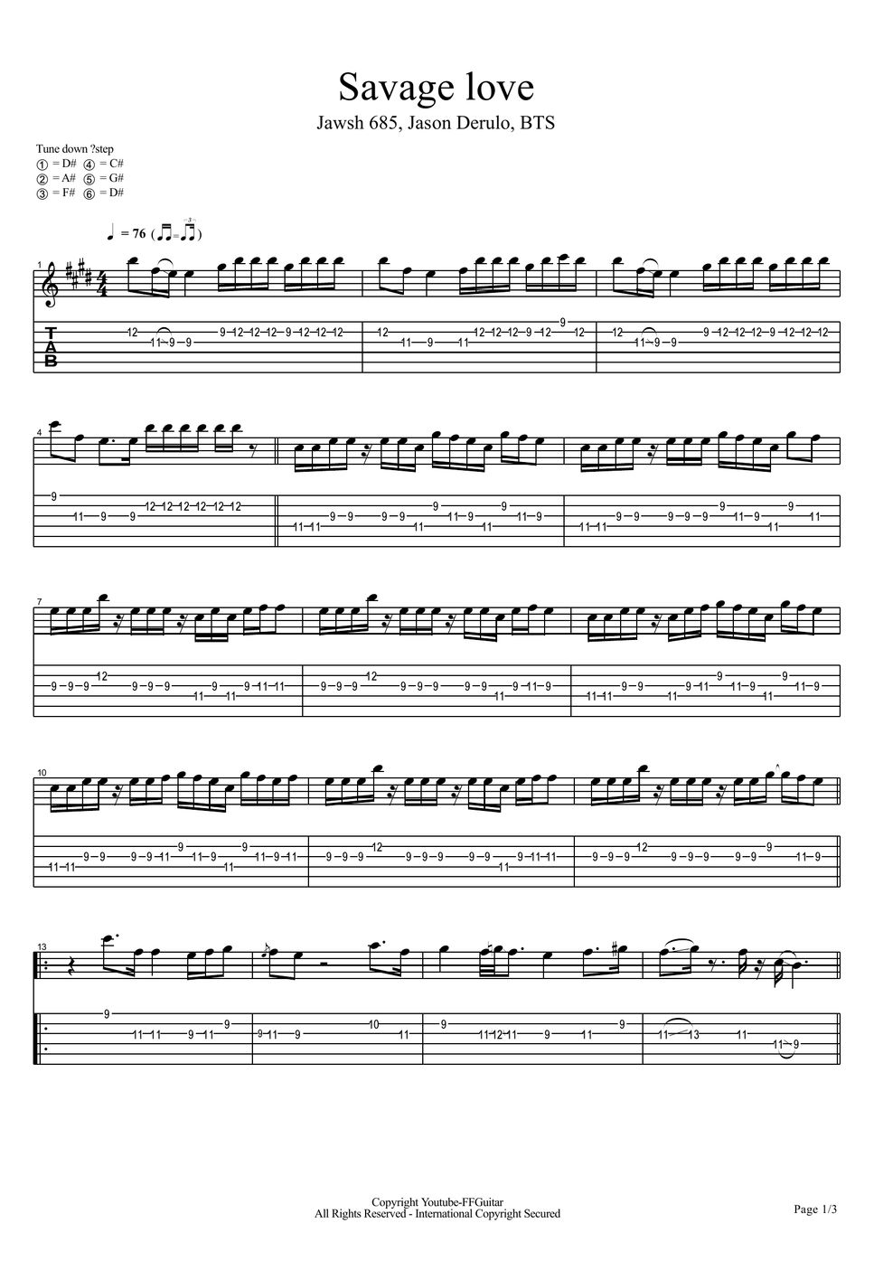 Jawsh 685, Jason Derulo, BTS - Savage Love Guitar cover TAB by FFguitar