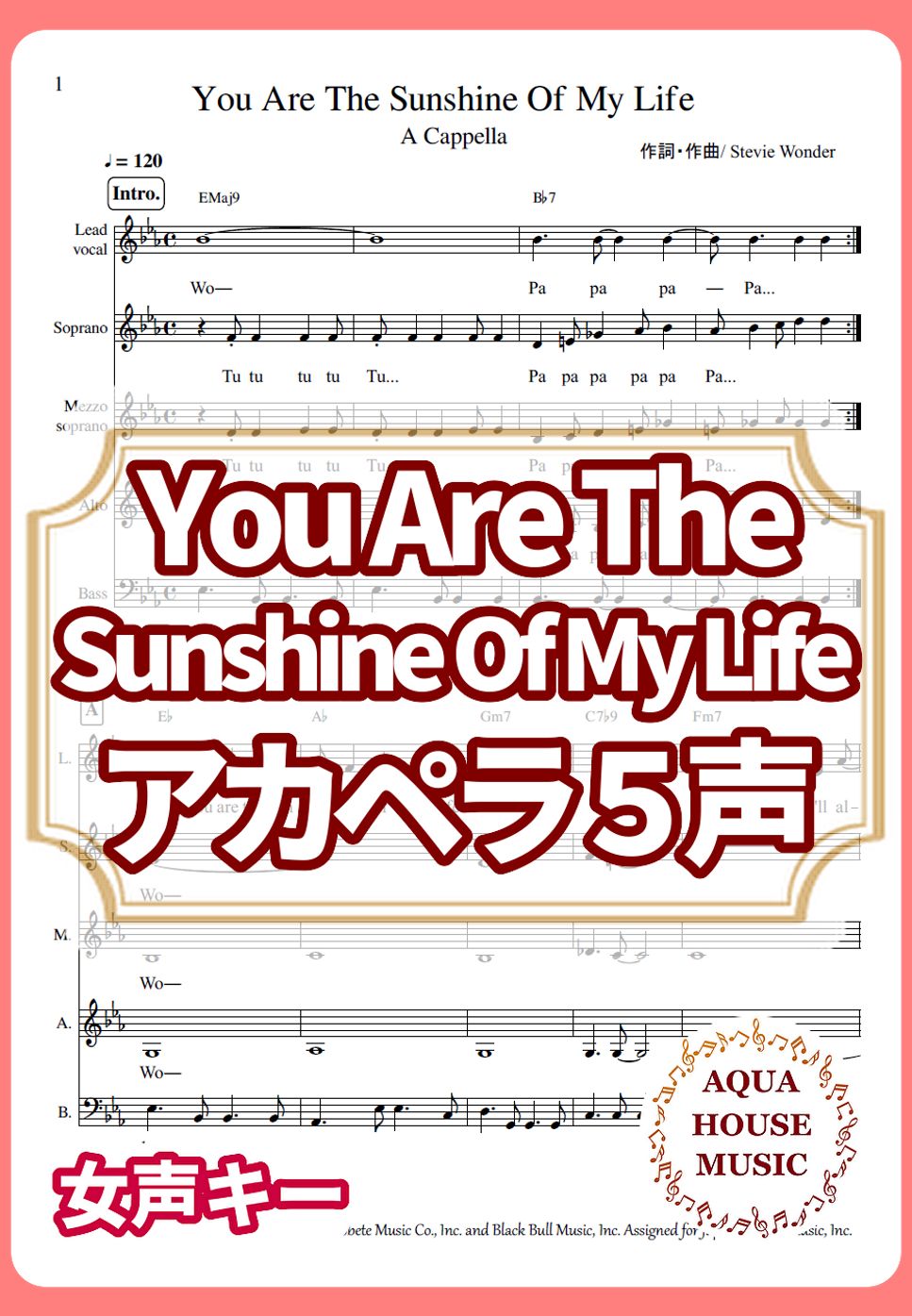 Stevie Wonder - You Are The Sunshine Of My Life (アカペラ楽譜♪5声ボイパなし) by 飯田 亜紗子