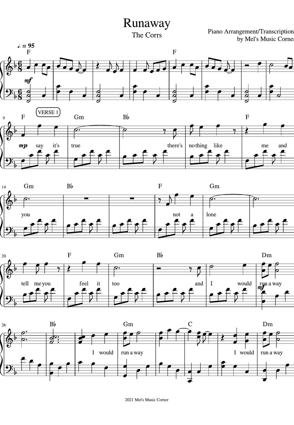 The Corrs Runaway Piano Sheet Music Sheet By Mels Music Corner