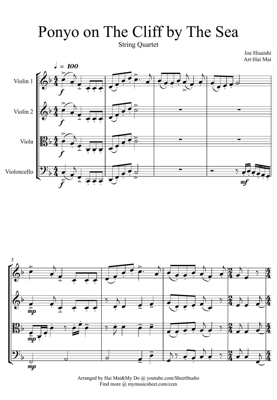 Joe Hisaishi Ponyo on The Cliff by The Sea for String Quartet Лист by Hai Mai
