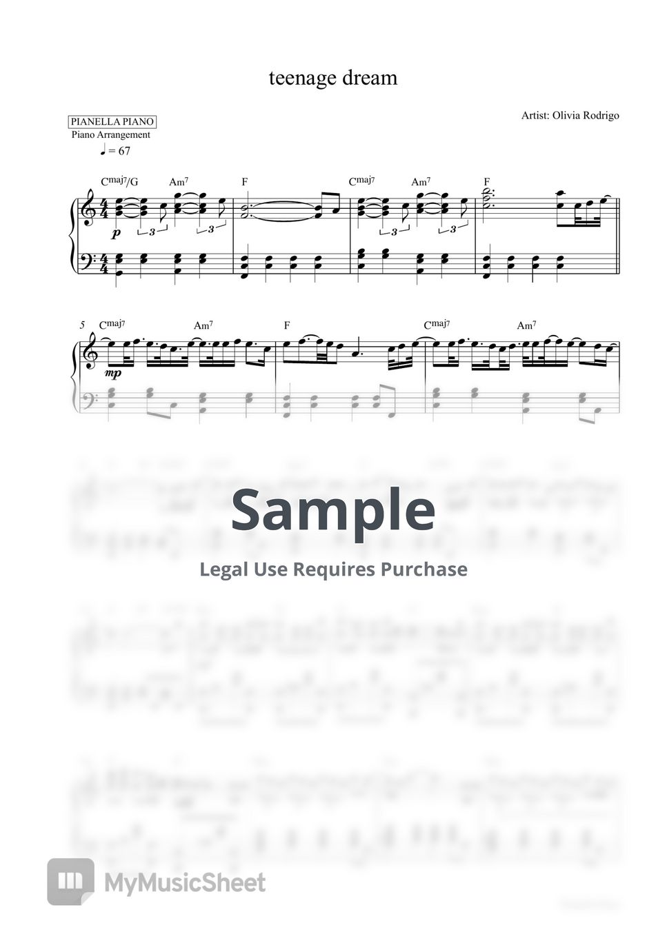 Olivia Rodrigo - teenage dream (Piano Sheet) Sheets by Pianella Piano