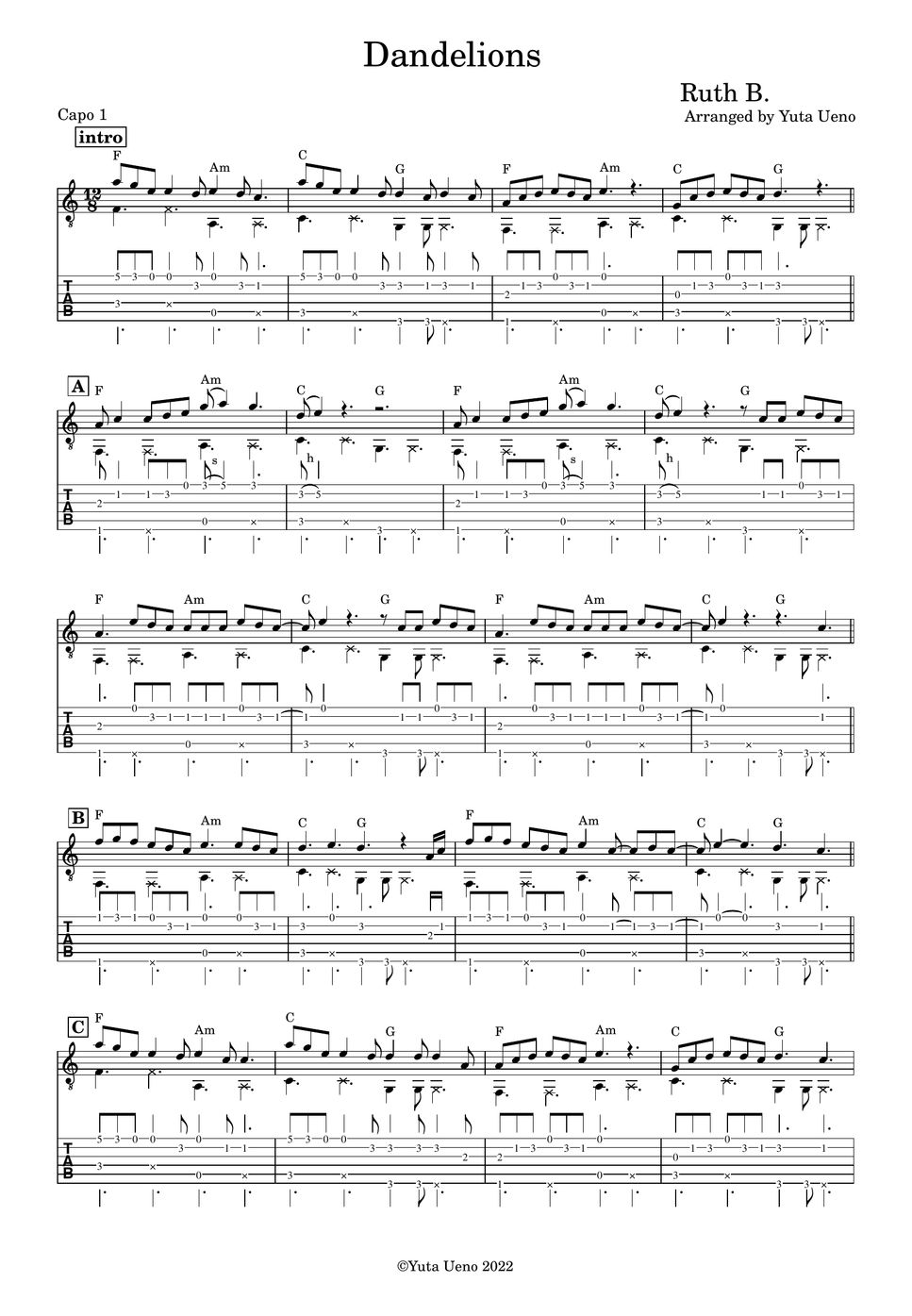 Ruth B. Dandelions (Fingerstyle) Tab + 1staff by Yuta Ueno