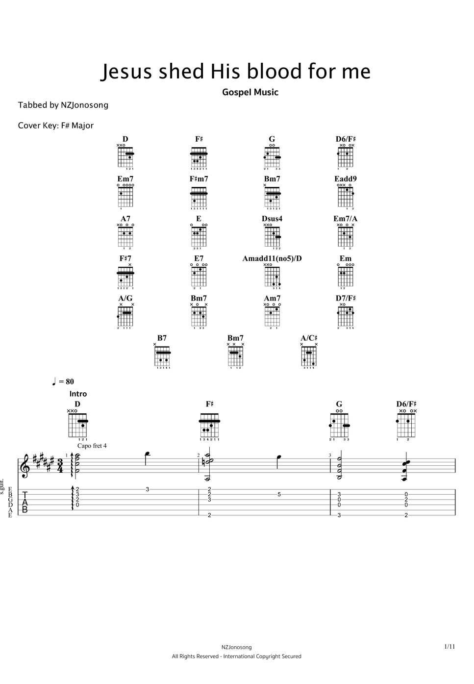 Gospel Music Jesus shed His blood for me (Fingerstyle) TAB by NZJonosong