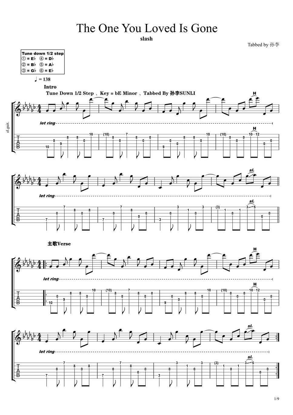 Slash The One You Loved Is Gone 曲谱 by 孙李