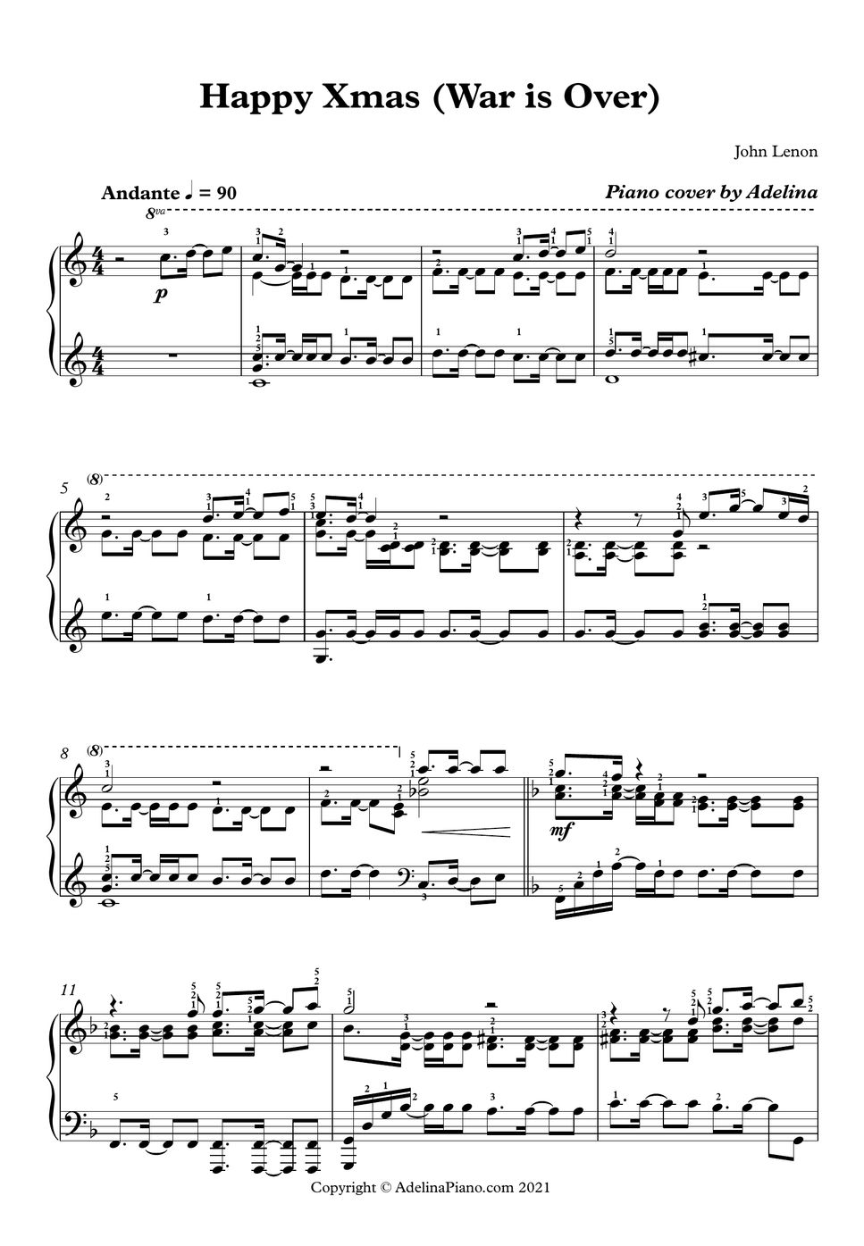 John Lennon Happy Xmas Notenblatt by Adelina Piano
