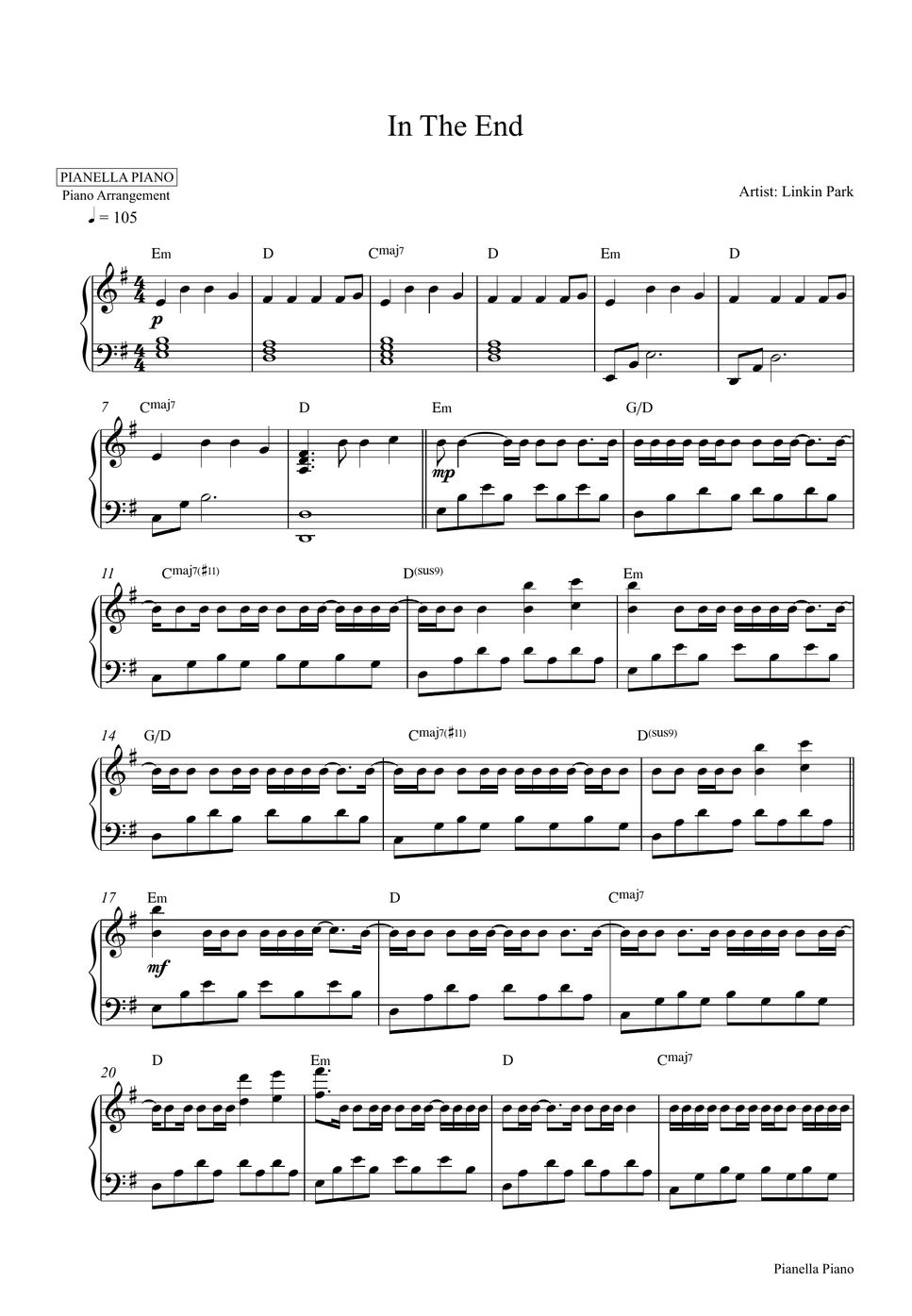 Linkin Park - In The End (2 PDF: Original Key Gb Major & G Major) Nuty ...