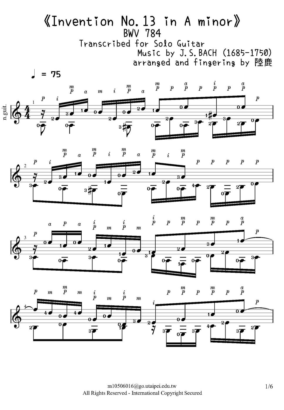 J.S.BACH(1685-1750) - 《Invention No.1 in C major, BWV 772》Transcribed ...