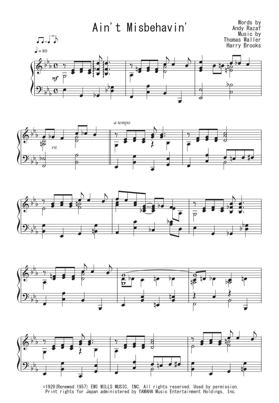 ナット・キング・コール - Ain't Misbehavin' ピアノ楽譜PDF