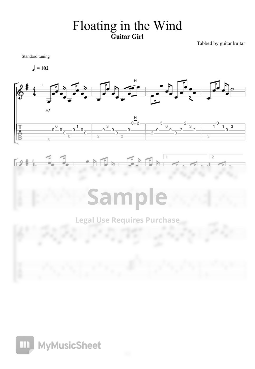 Guitar Girl Floating In The Wind Guitar Tab Tab Pontuação De Linha única By Guitar Kuitar