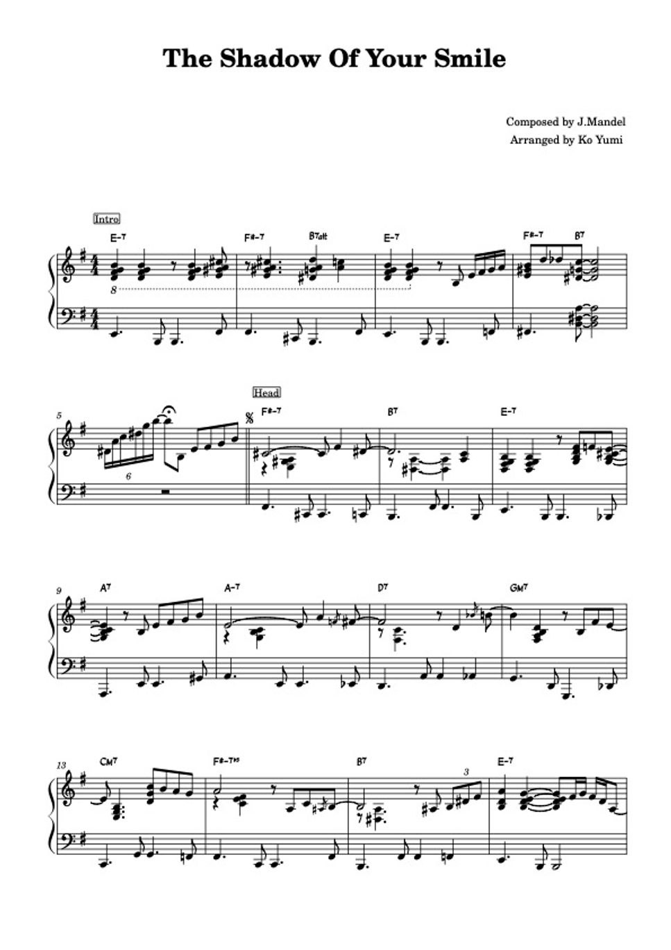 Johnny Mandel The Shadow Of Your Smile (Bossa Nova Solo Piano) 악보 by