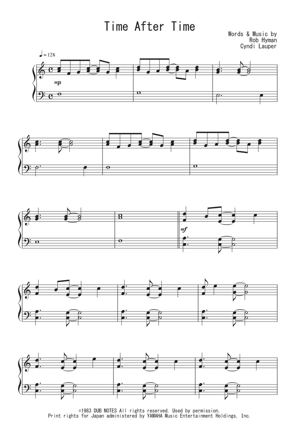 シンディ・ローパー - Time After Time 楽譜 by Peony