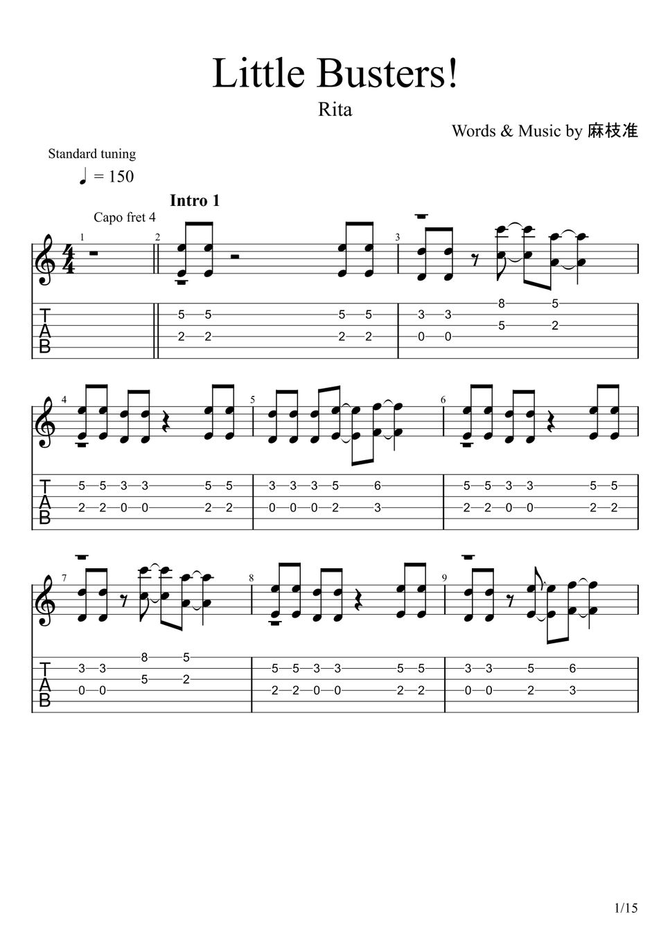 Rita Little Busters! (Fingerstyle) Tab + 1staff by u3danchou