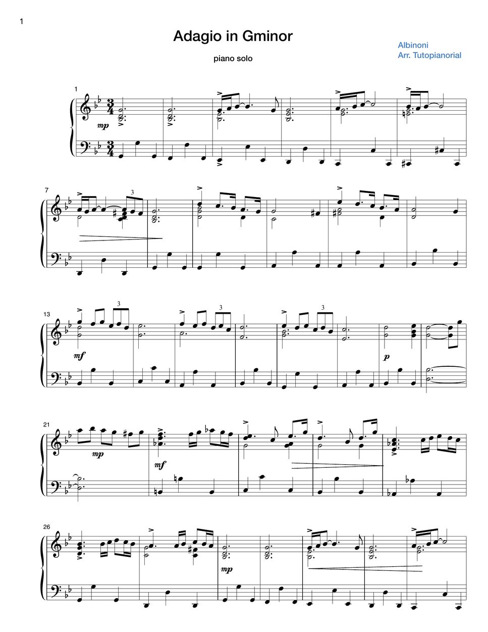 Albinoni Adagio (Piano Solo) Partitura by Tutopianorial