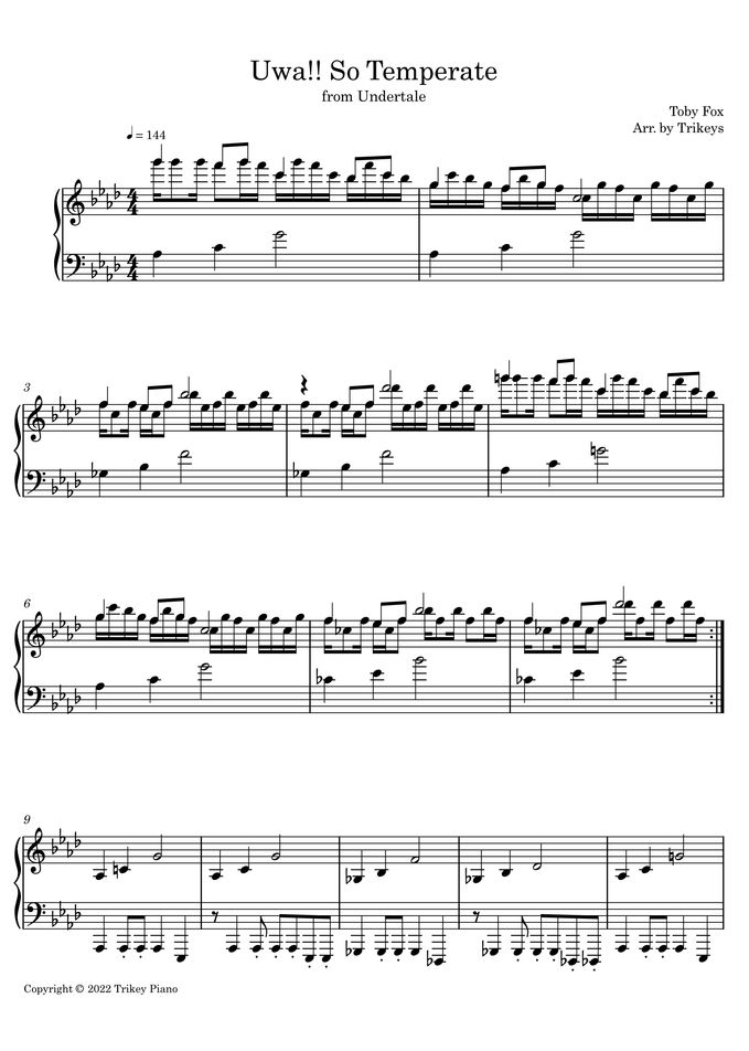 Uwa!! So Temperate♫ - Undertale ピアノ楽譜PDF | Trikey Piano