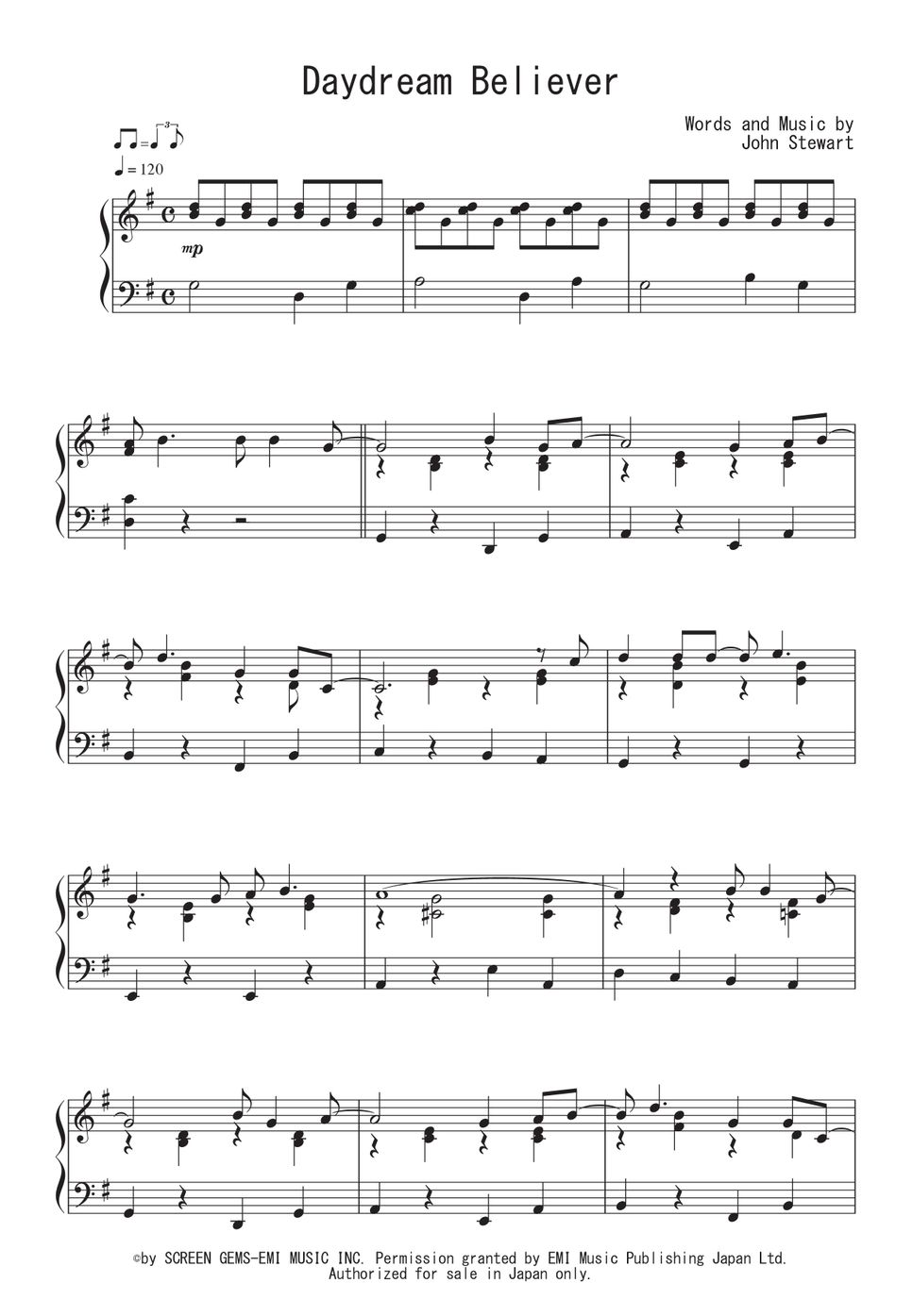 ザ・モンキーズ - Daydream Believer ピアノ楽譜PDF | Peony | Kokomu