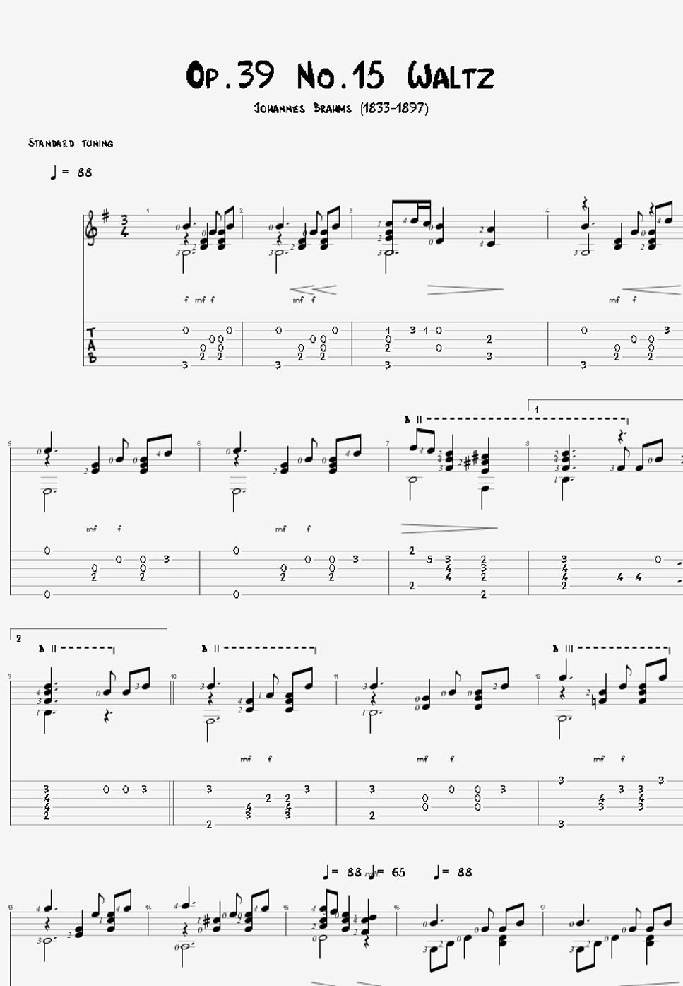 Johannes Brahms - Op.39 No.15 Waltz Acoustic Guitar TAB+1 Staff