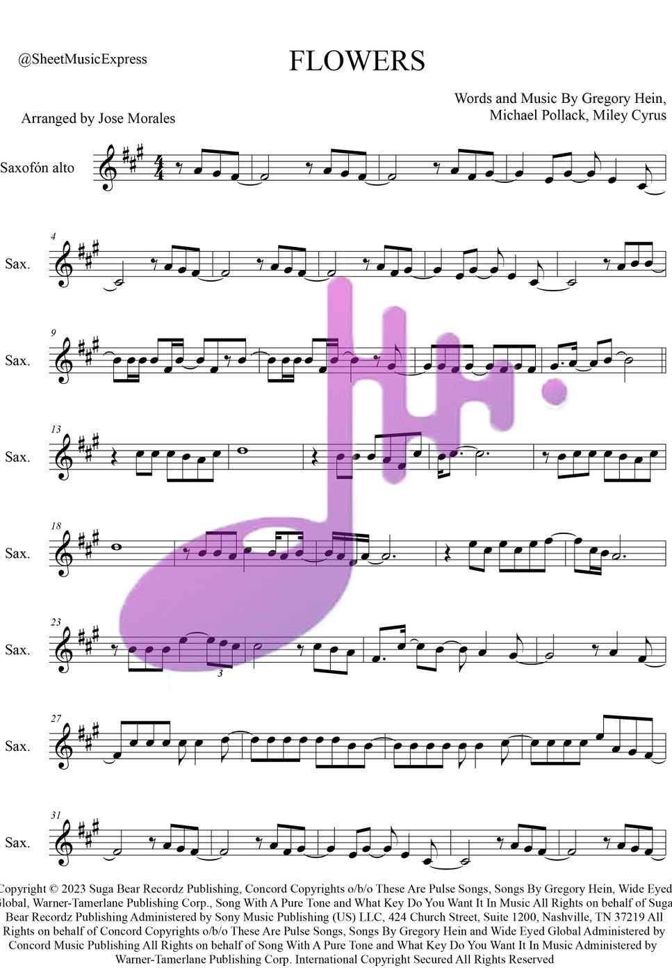 Miley Cyrus - Flowers - Miley Cyrus Alto Sax (pop) by Sheet Music Express