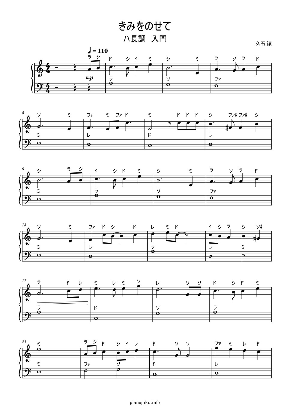 久石譲 - 君をのせて (ハ長調ドレミ付き簡単楽譜) by ピアノ塾