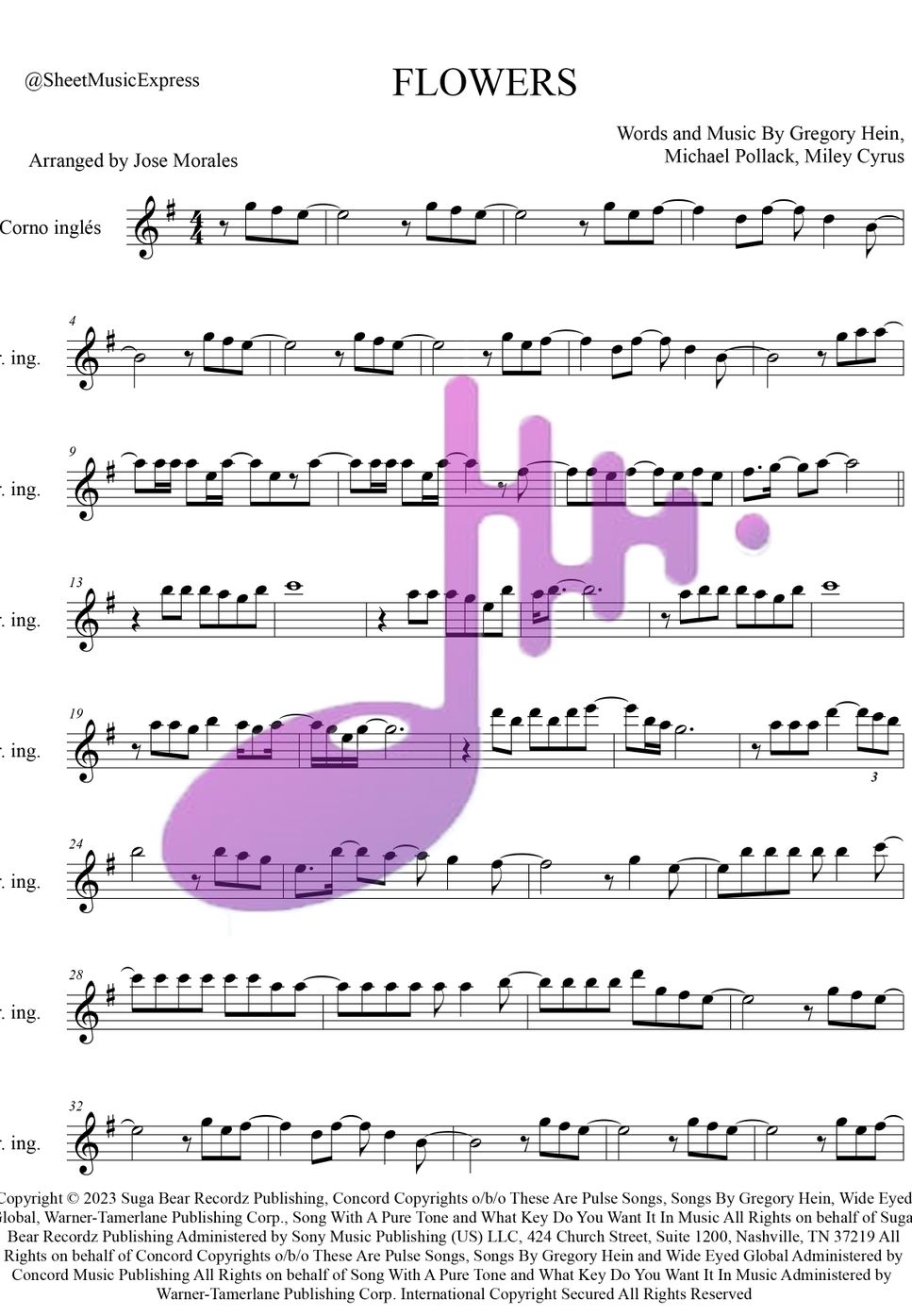 Miley Cyrus - Flowers - Miley Cyrus English Horn (Pop) by Sheet Music Express