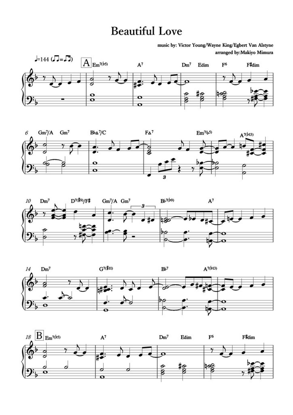 Victor young - Beautiful love (piano solo) Sheet by Makiyo Mimura