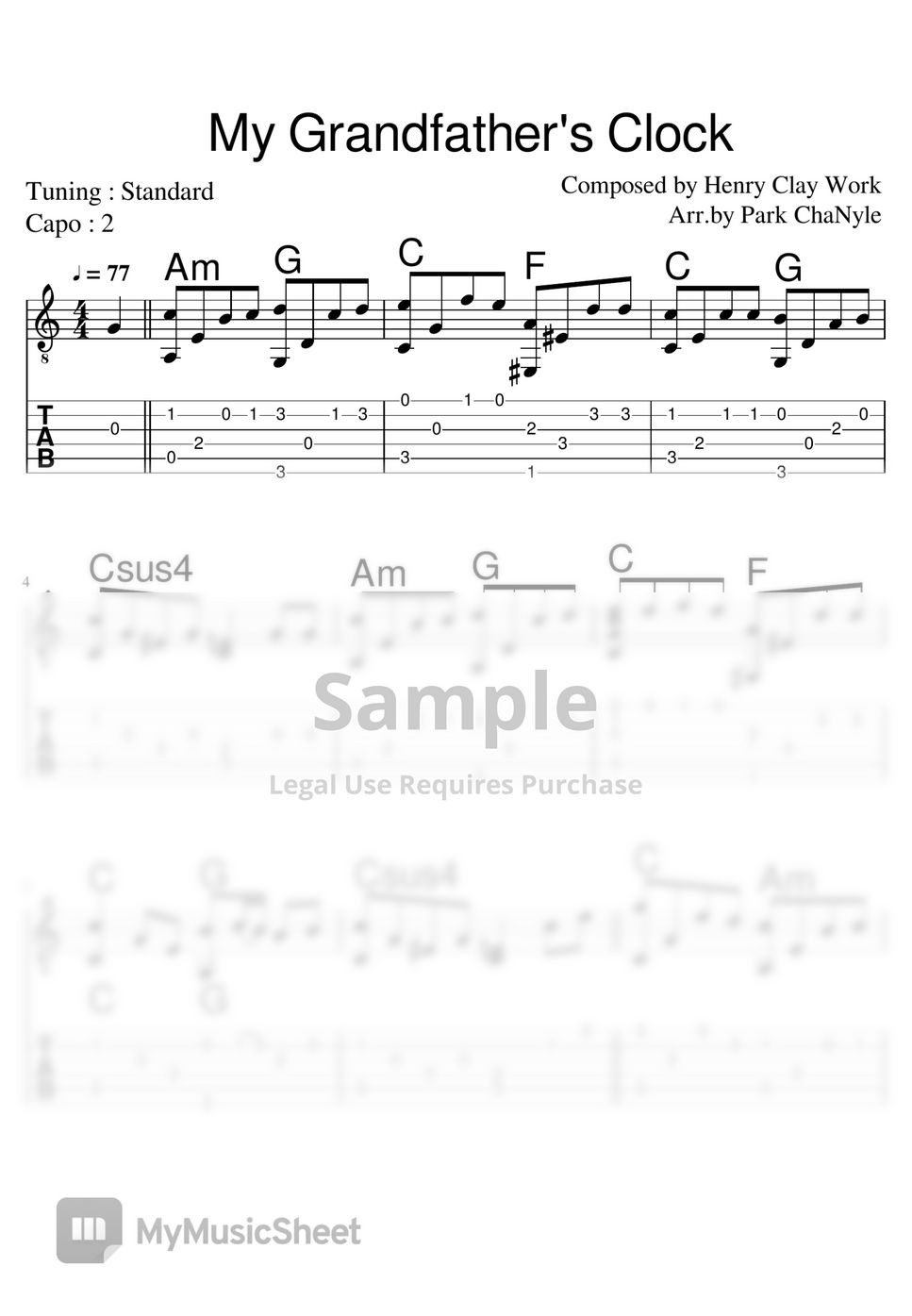 Henry Clay Work My Grandfather's Clock (Fingerstyle g.) Tab + 1staff