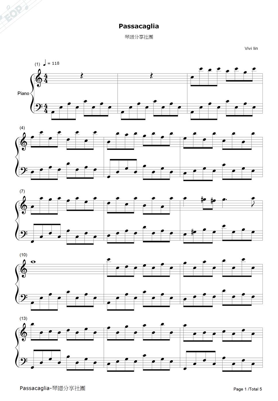 G. F. Handel - Passacaglia帕薩卡利亞舞曲，C大調，五線譜+簡譜 by Vivi Lin