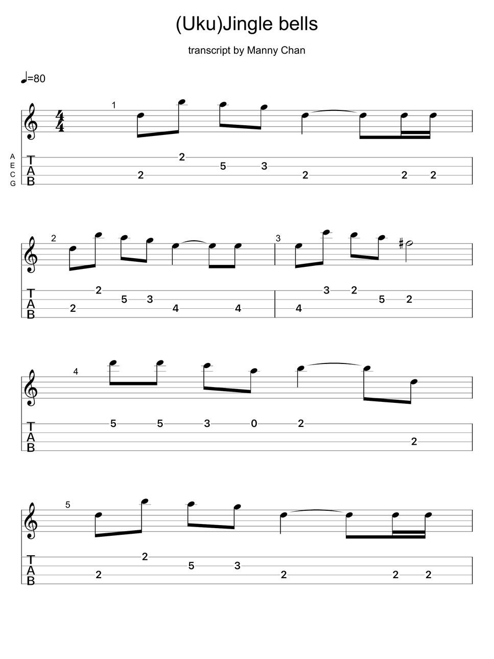 Traditional Jingle Bells Ukulele Tab Tab Partition à Une Seule