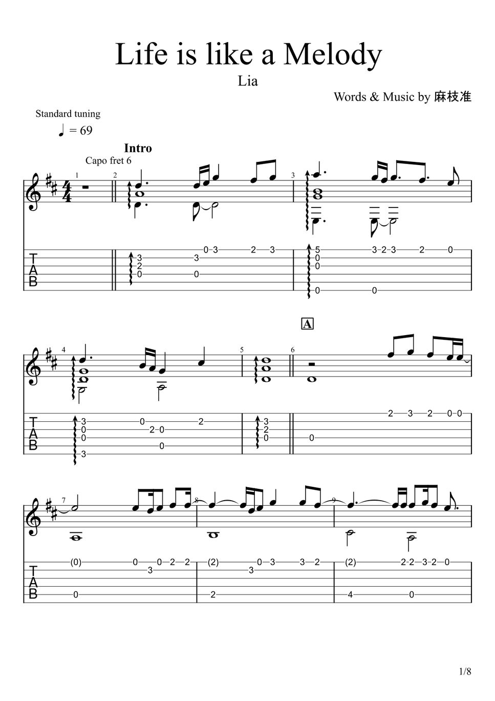 Lia Life is like a Melody (Fingerstyle) Hoja by u3danchou