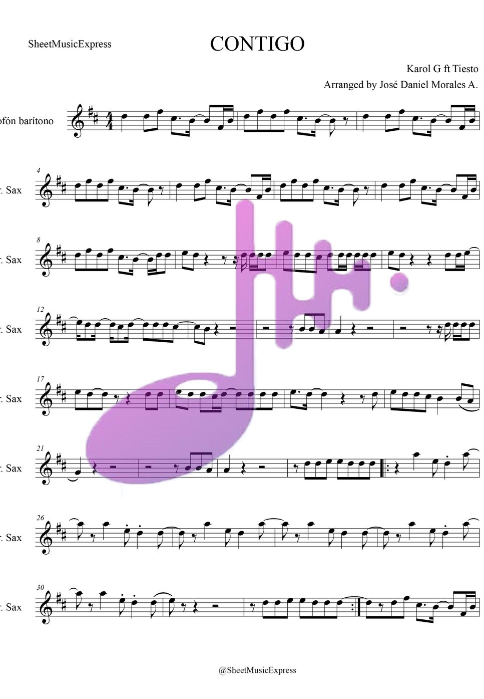 Karol G - Contigo Karol G Tiesto Sheet Music Baritone Sax (Latin) by Sheet Music Express