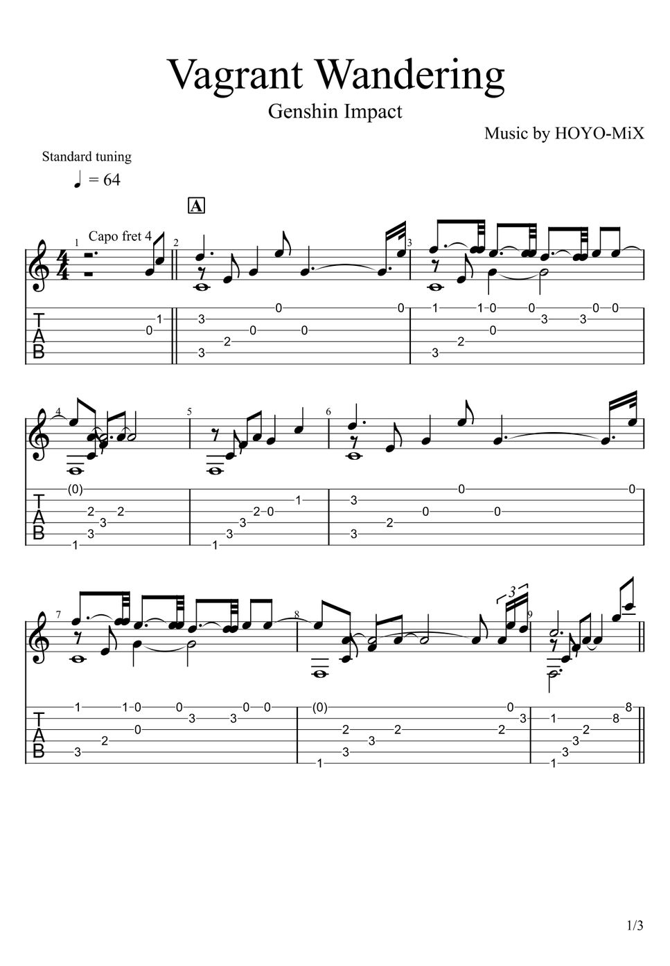 Genshin Impact Vagrant Wandering (Fingerstyle) Sheets by u3danchou