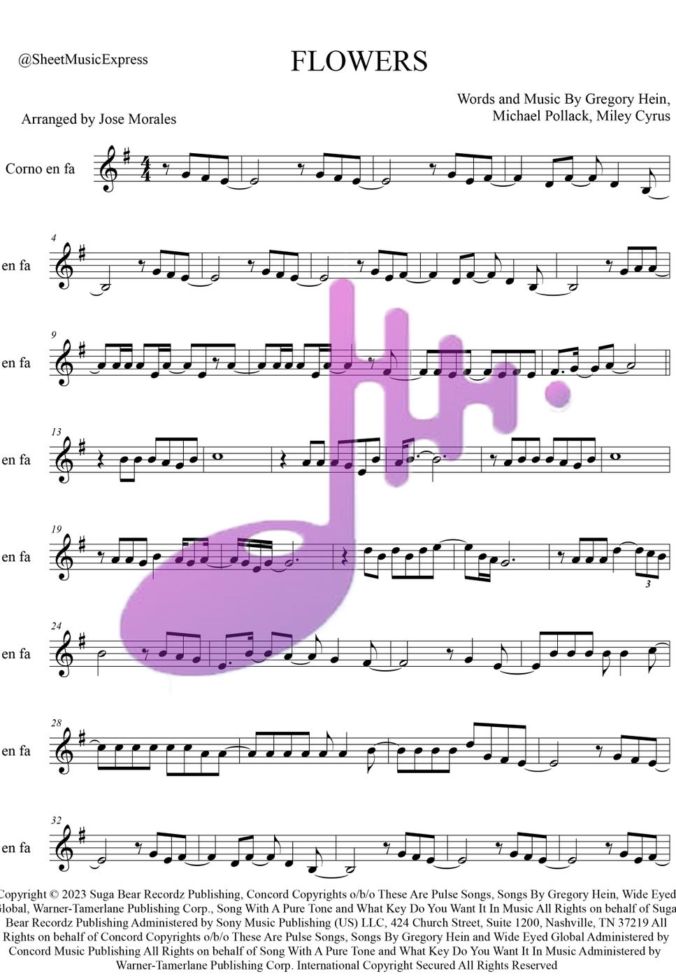 Miley Cyrus - Flowers - Miley Cyrus Horn in F (Pop) by Sheet Music Express