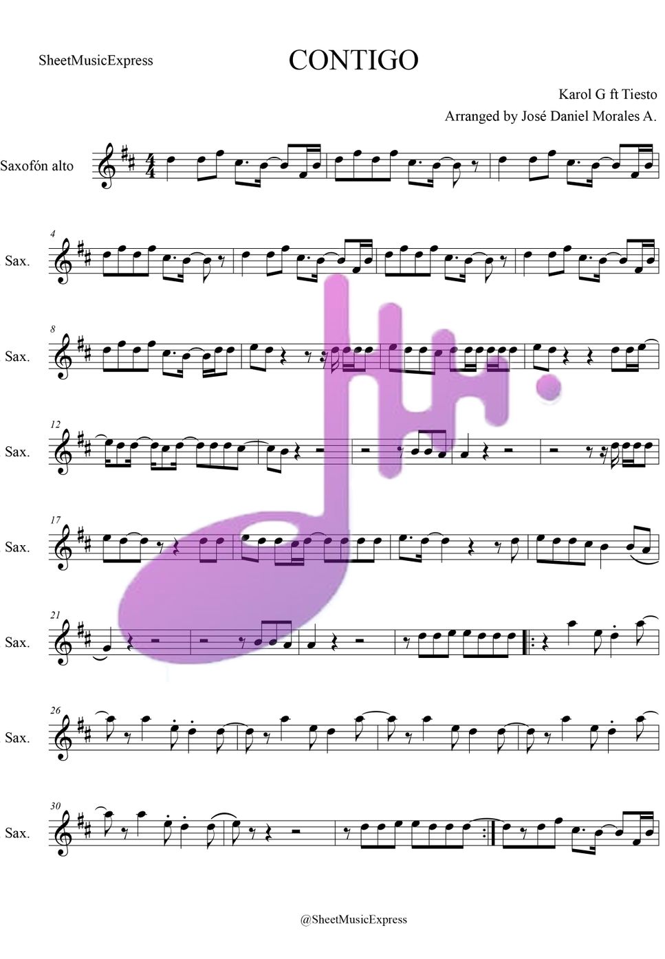 Karol G - Contigo Karol G Tiesto Sheet Music Alto Sax (Latin) by Sheet Music Express