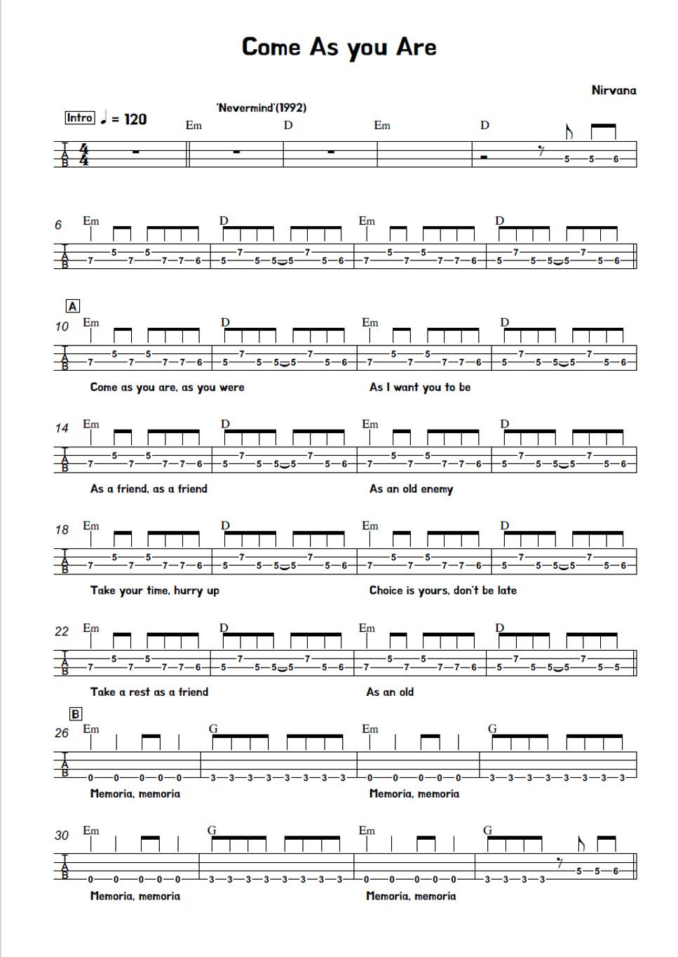 Nirvana Come As You Are Sheet By Kimme 