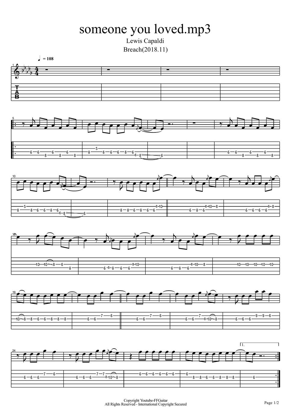 Lewis Capaldi Someone You Loved Guitar Tab By Ffguitar 2499