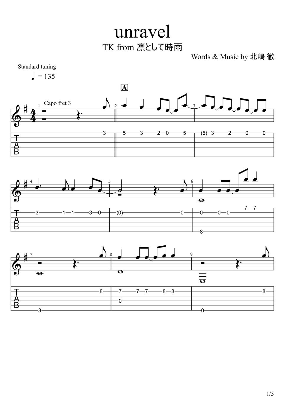 Tokyo Ghoul unravel (Fingerstyle) TAB by u3danchou