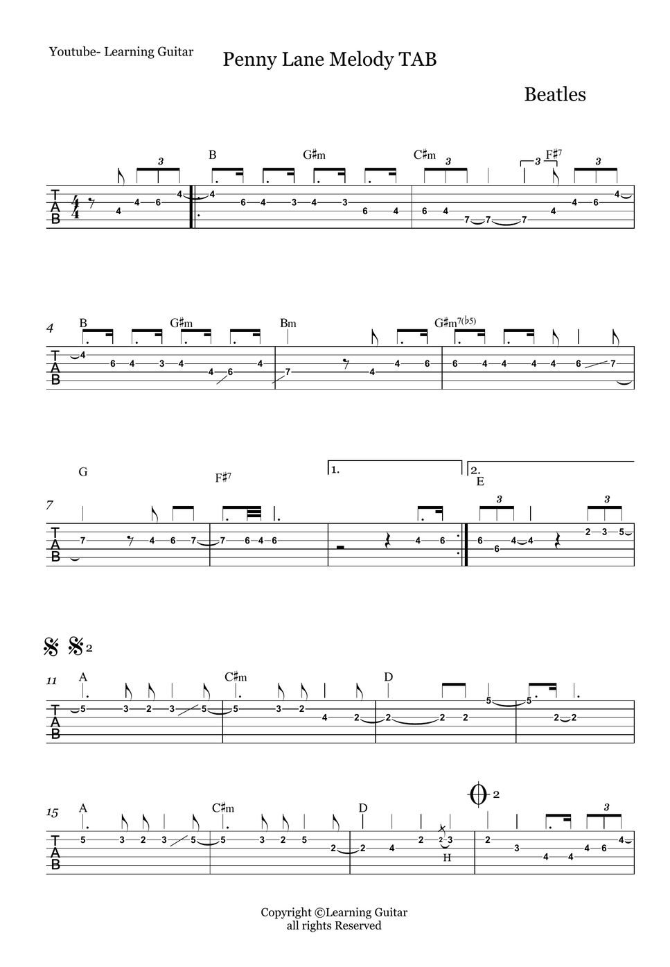 Beatles - Penny Lane (Melody TAB) (Guitar TAB) TAB by Learning Guitar