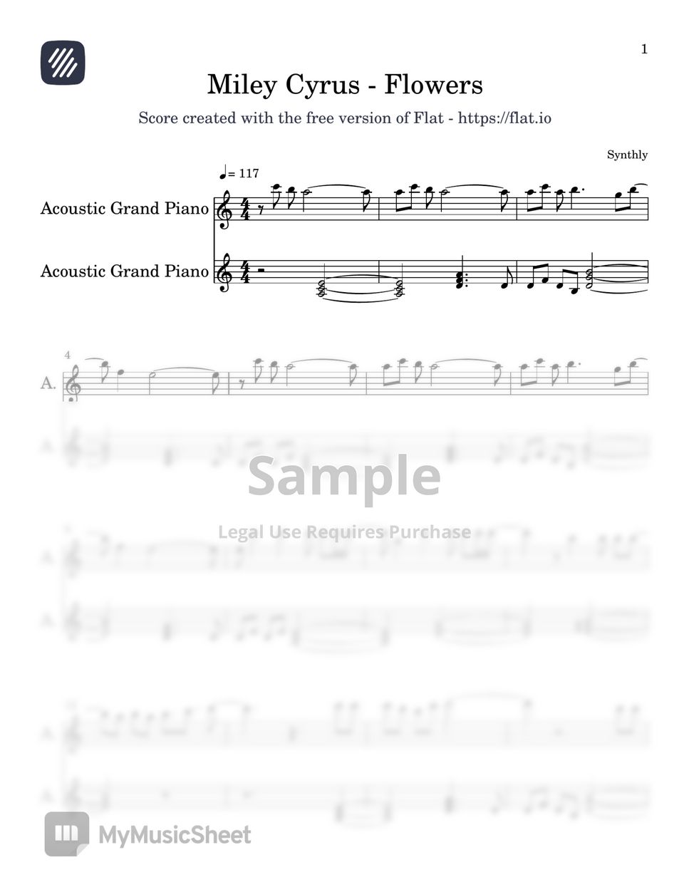 Miley Cyrus Flowers (EASY PIANO SHEET) Spartito by Synthly