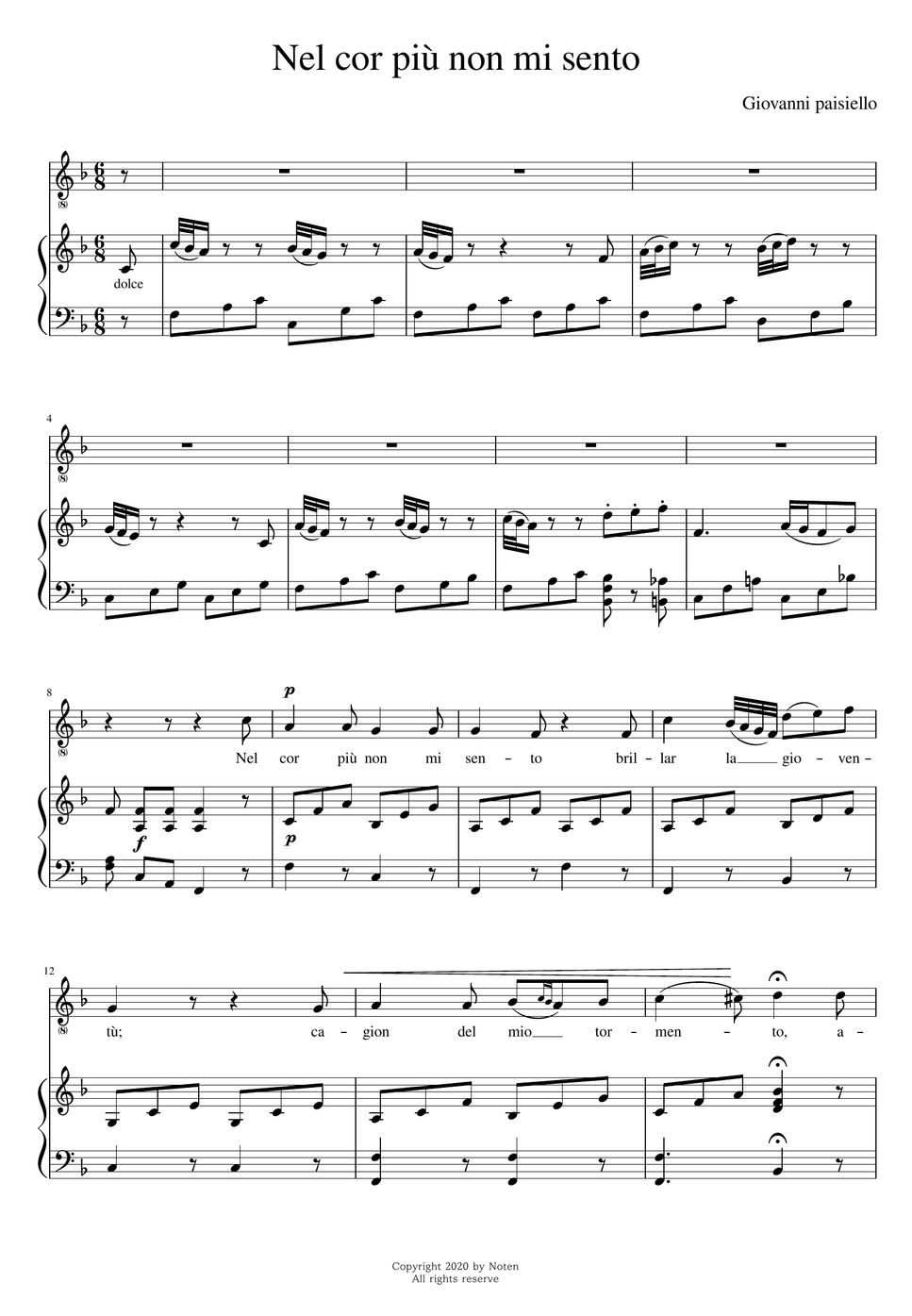 Nel Cor Piu Non Mi Sento übersetzung Deutsch G.Paisiello - Nel cor più non mi sento (Fmaj) Notenblatt by noten(노튼)