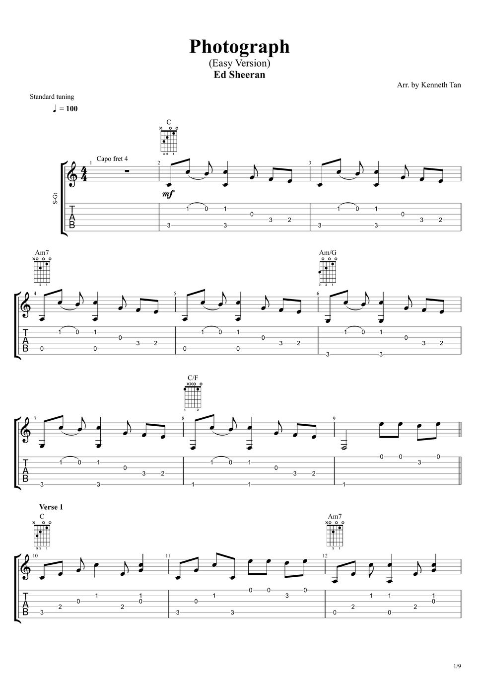 Ed Sheeran Fingerstyle Guitar Photograph (Easy Version) TAB by