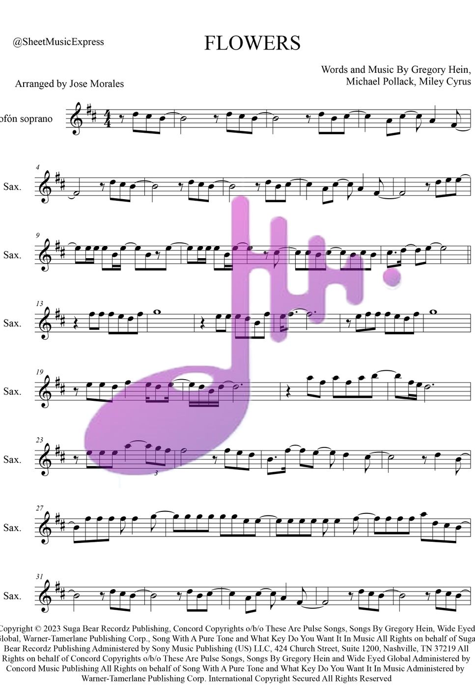 Miley Cyrus - Flowers - Miley Cyrus Soprano Sax (Pop) by Sheet Music Express