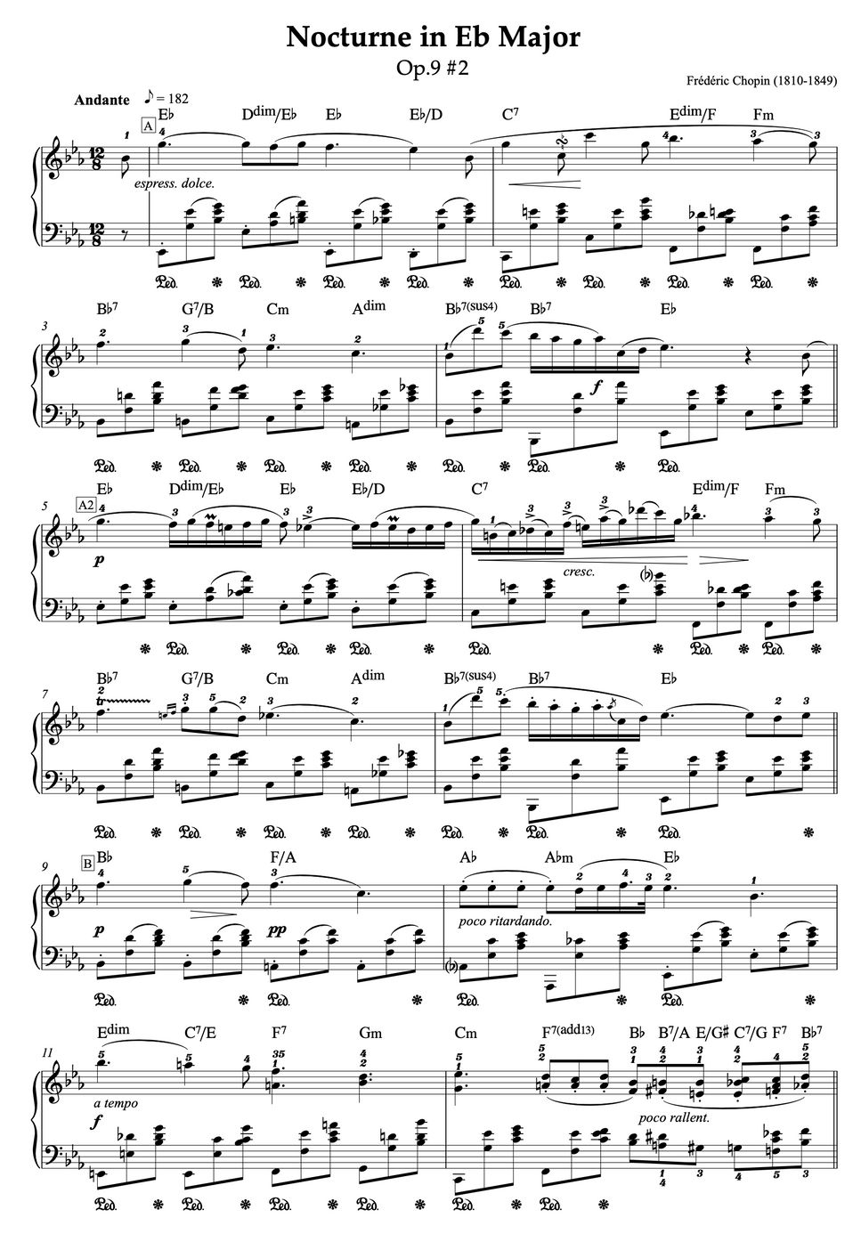 ショパン - 【ジャズコード付き】Noctune in Eb Major Op.9 No.2 - Frederic Chopin (ショパン作曲『ノクターン〜夜想曲第2番』コード付きピアノ譜) (ピアノ・ソロ/クラシック/コード付き) by ebony-ivory