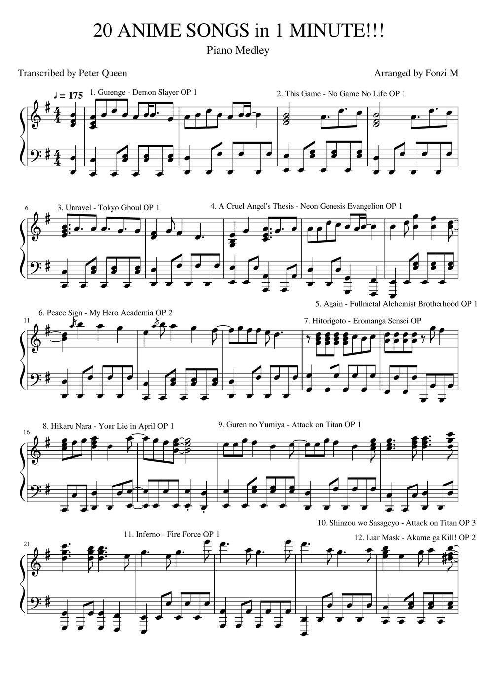 Various Artists - 20 ANIME SONGS in 1 Minute Piano Medley Sheet by Fonzi M