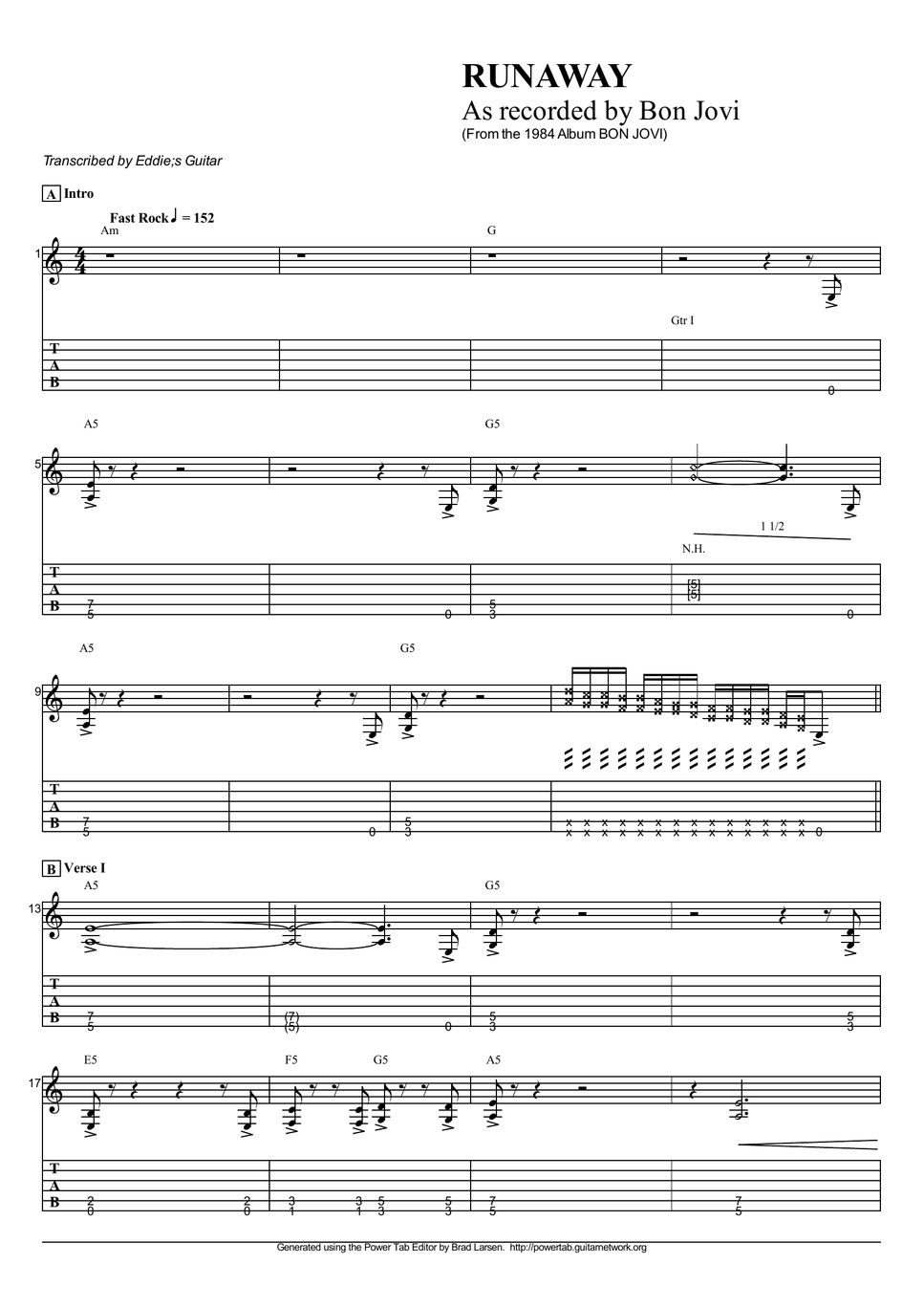 Bon Jovi Runaway TAB