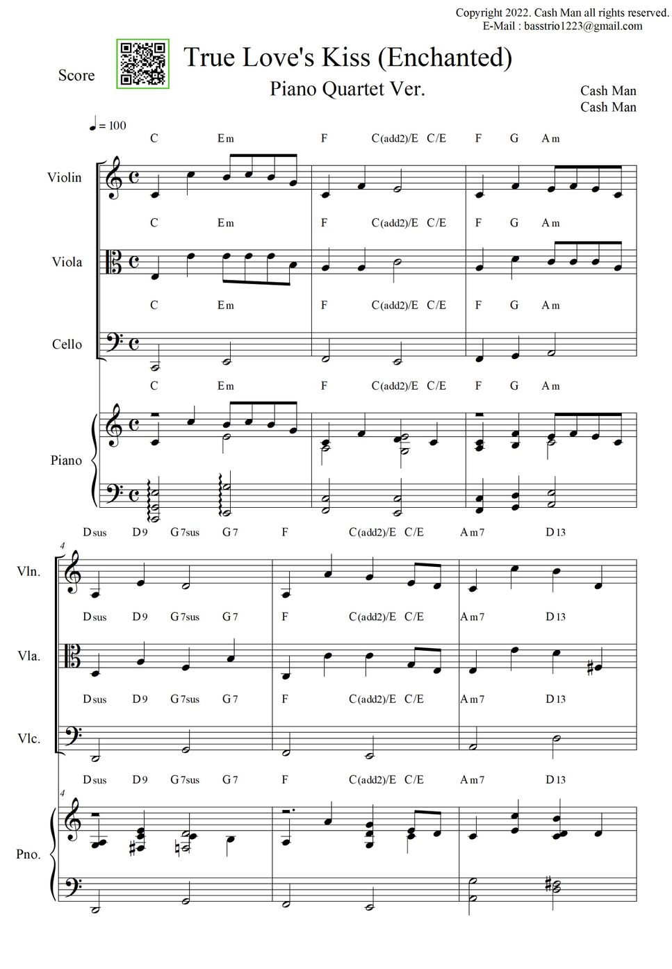 Enchanted - True Love's Kiss (Piano Quartet / Full Score / Part Score / Chord / Arrangment) by Cash Man