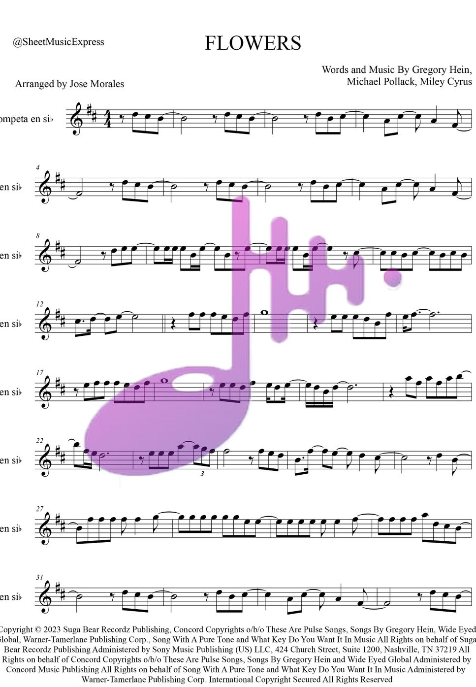 Miley Cyrus - Flowers - Miley Cyrus Trumpet in Bb (Pop) by Sheet Music Express