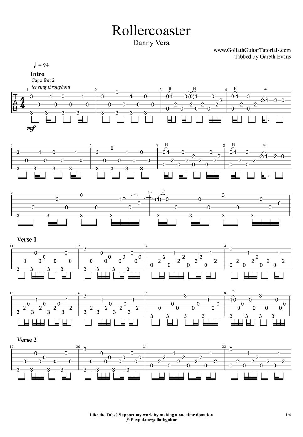 Danny Vera - Roller Coaster TAB By Goliath Guitar Tutorials