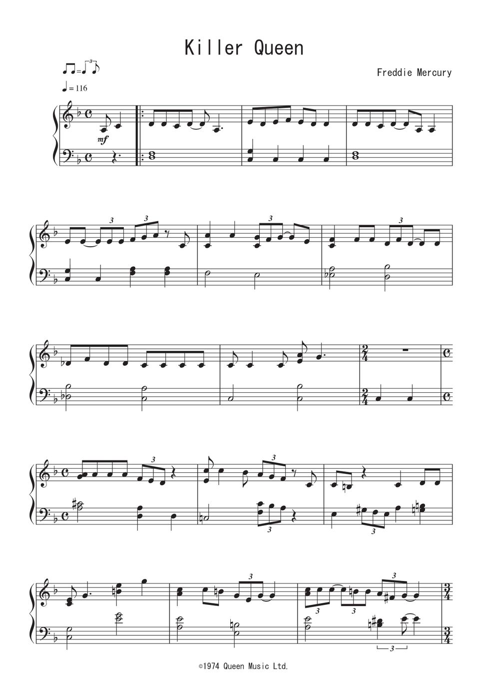 クイーン - Killer Queen ピアノ楽譜PDF | Peony | Kokomu