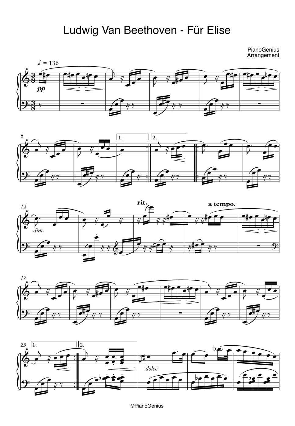 Beethoven Für Elise Sheet by PianoGenius