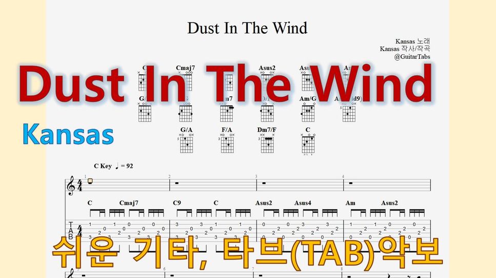 Kansas - Dust In The Wind (C Key / Easy TAB / Lyrics) Sheets by 624 TABs